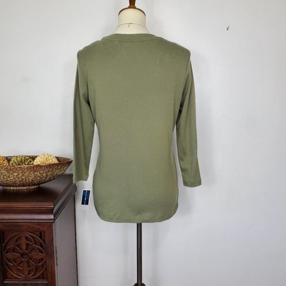 Karen Scott Olive Green Grommet V-Neck 100% Cotton Knit Top NEW NWT Size S - Picture 4 of 8